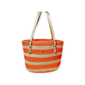 Like New Eric Javits Striped Beachside Straw Tote Bag Metallic Gold Accents